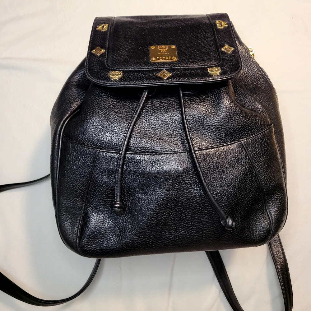 MCM Black Leather Backpack w/ Gold studs